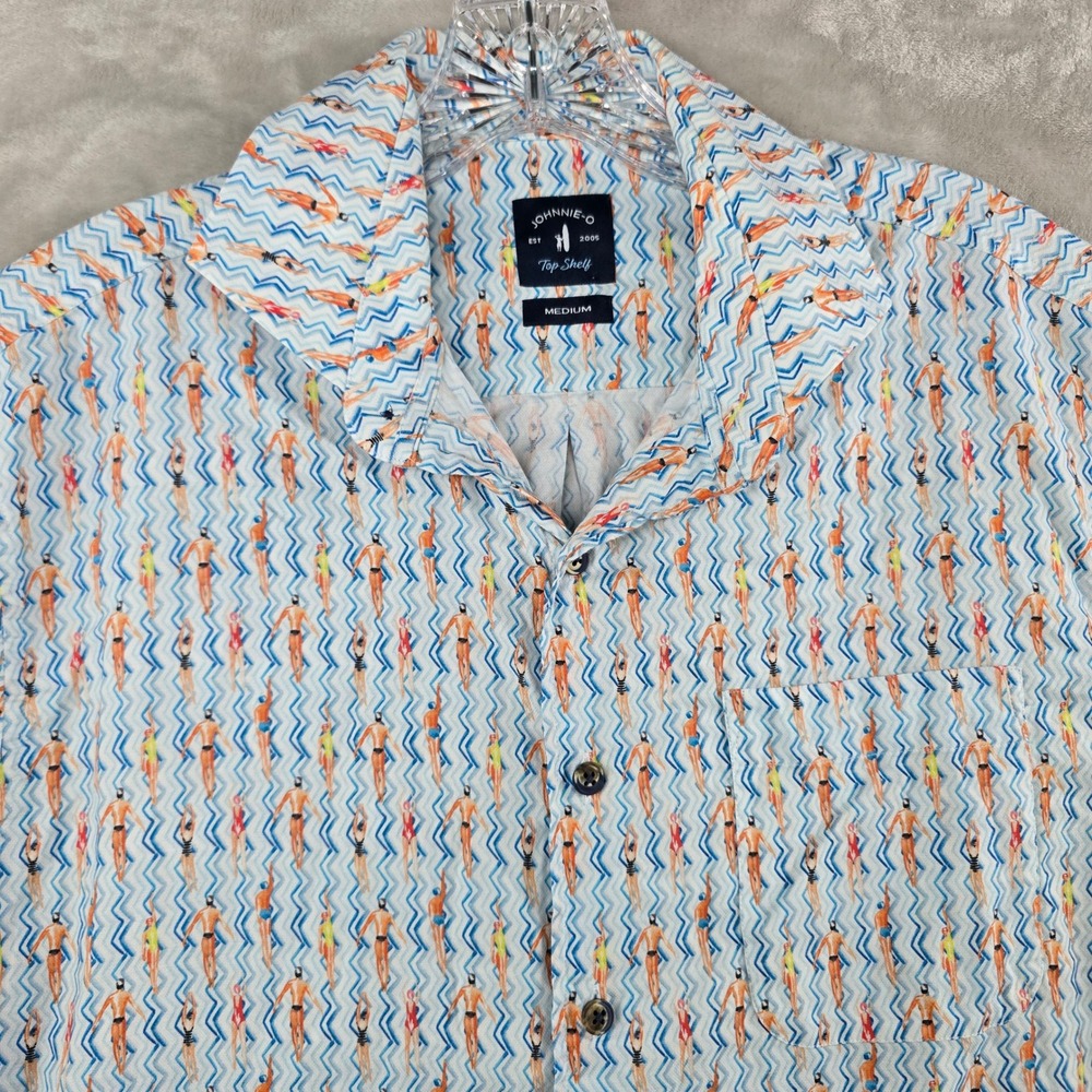 Johnnie-O Button Down Shirt Mens Medium Blue Swimmer Print SS Top Shelf